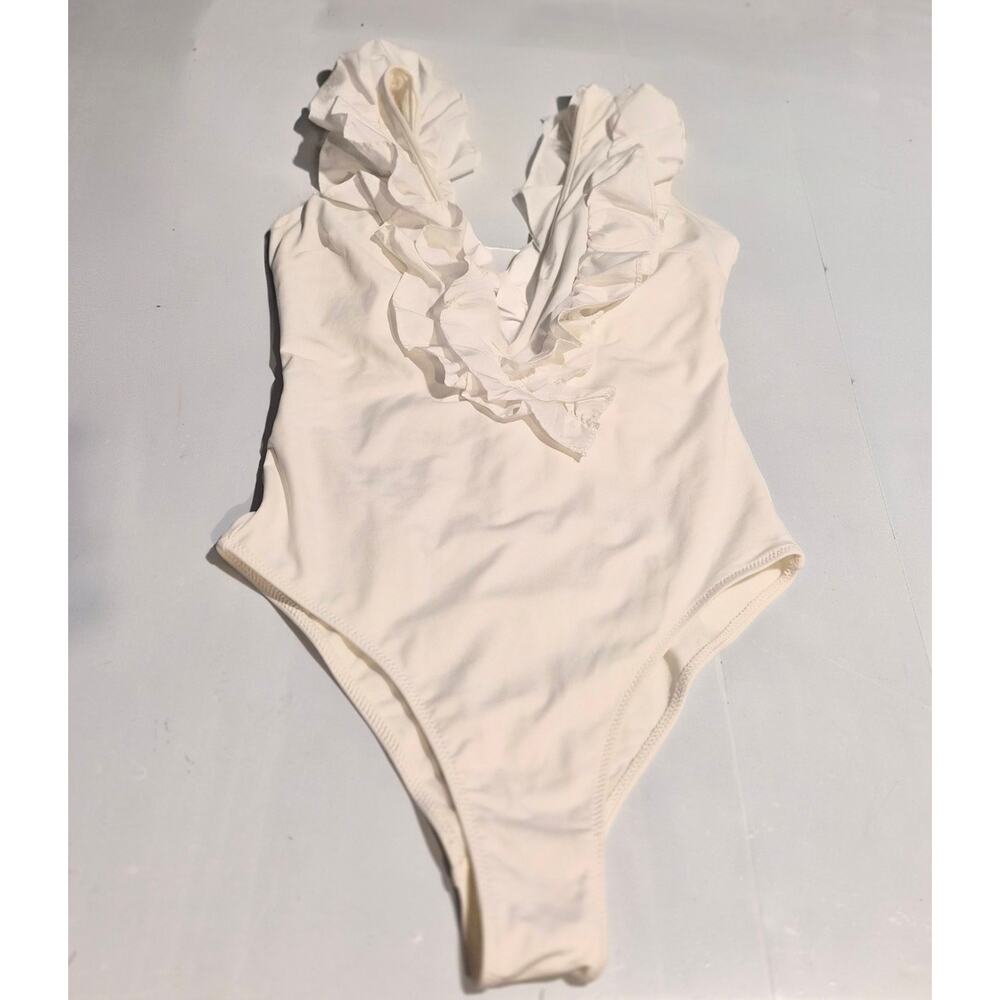 NWT Zara White Ruffle One Piece Swimsuit Deep V Neck Plunge Bodysuit S